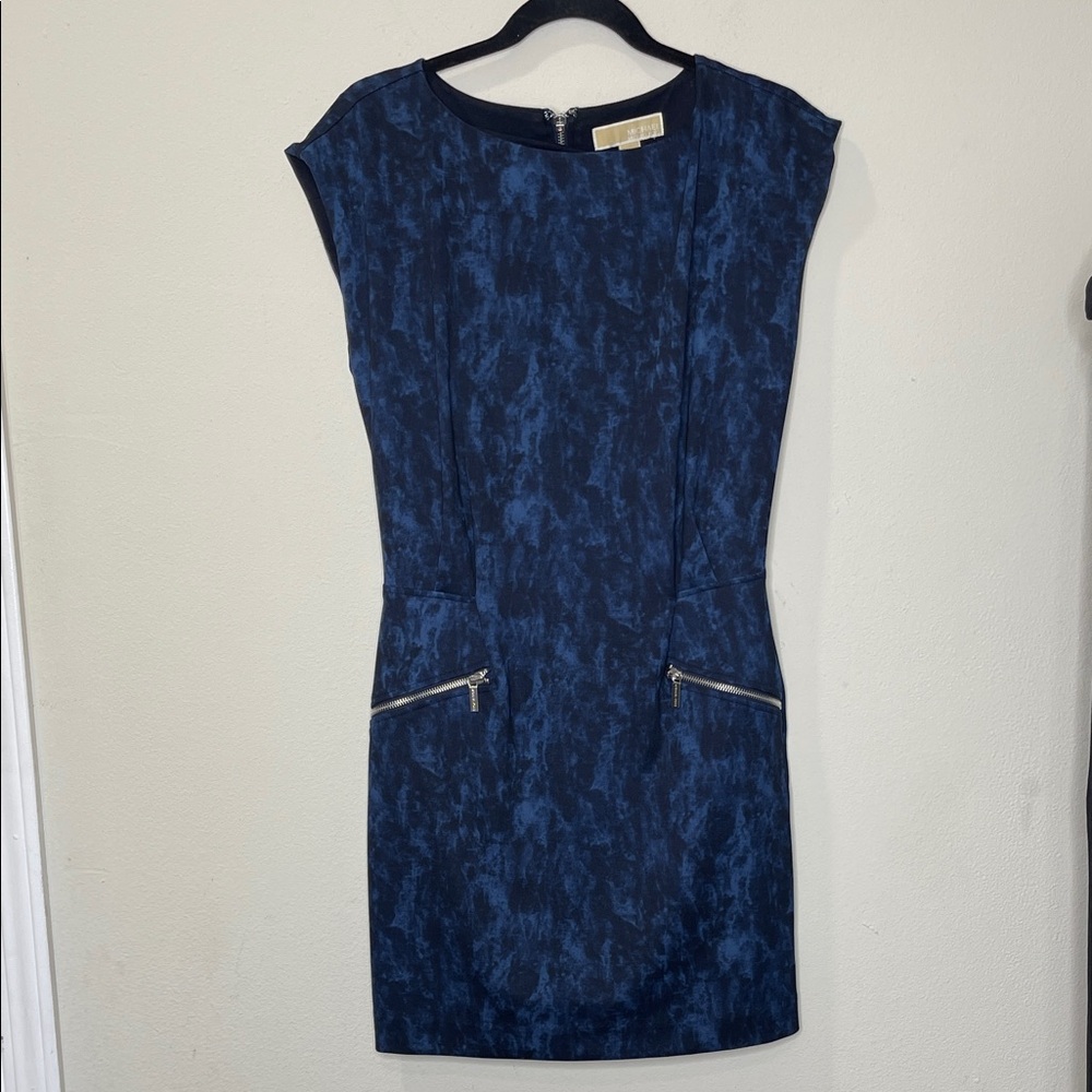 Michael Kors Michael Blue and Black Short Sleeve Zip Pocket Sheath Dress